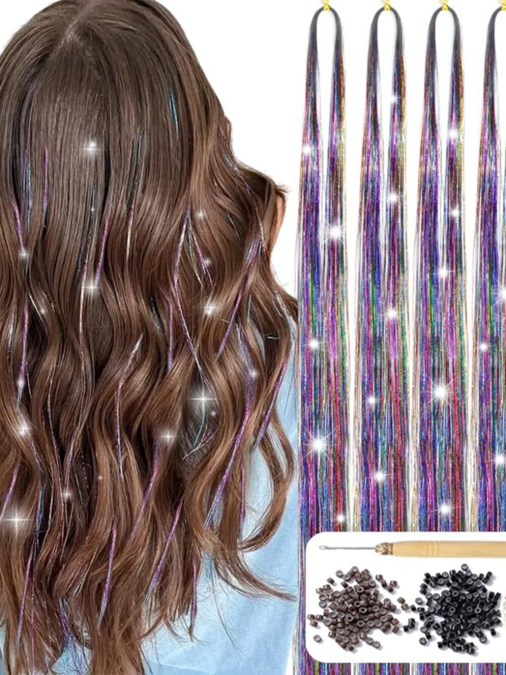 Hair Tinsel, 48 Inch 5pcs 1200 Strands Colorful Glitter Tinsel Hair Extensions F